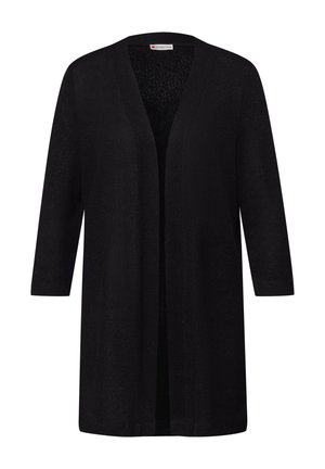 Cardigan long noir ouvert sur le devant avec manches trois-quarts, ourlet droit, sans boutons ni fermetures visibles.