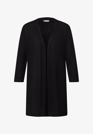 Cardigan long noir ouvert sur le devant avec manches trois-quarts, ourlet droit, sans boutons ni fermetures visibles.