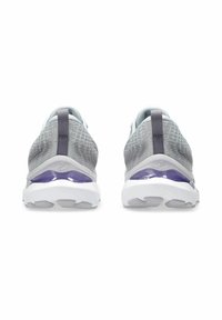 Athletic shoes featuring a grey mesh upper, purple accent, cushioned sole, white midsole, and a pull tab at the back for easy wear.