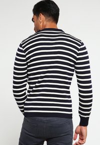 Sweter w niebiesko-białe paski z prążkowaną teksturą, okrągłym dekoltem i dopasowanym krojem, widoczny z tyłu.