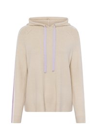 Beige knitted hoodie with a drawstring, featuring lilac accents along the sleeves and a ribbed hem. Smooth texture, relaxed fit.