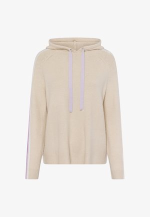 Beige knitted hoodie with a drawstring, featuring lilac accents along the sleeves and a ribbed hem. Smooth texture, relaxed fit.