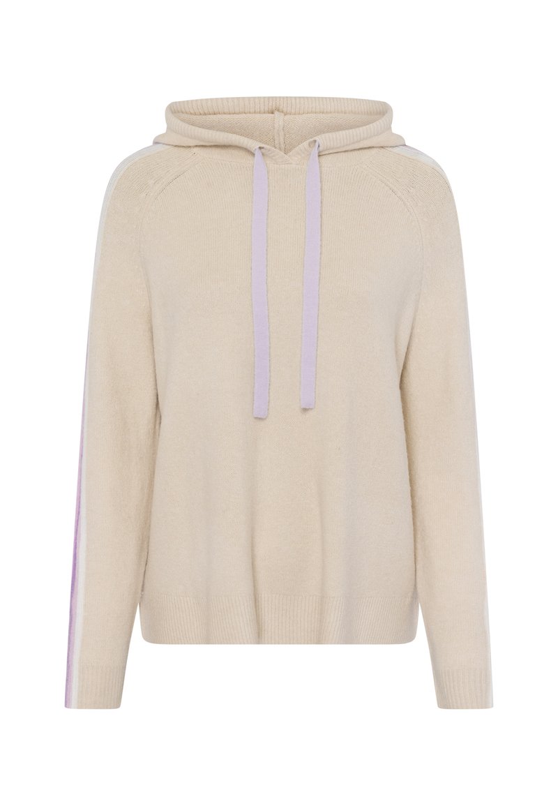 Beige knitted hoodie with a drawstring, featuring lilac accents along the sleeves and a ribbed hem. Smooth texture, relaxed fit.