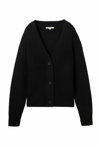 Musta, ribbineulottu neuletakki, jossa on V-kaula-aukko, pitkät hihat ja neljä napillista suljentaa edessä. Pehmeä tekstuuri ja rento istuvuus.