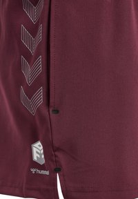 Bordeaux kleurige sportshorts met een gladde textuur. Kenmerkt zich door een wit zigzagpatroon en logo-accenten dicht bij de zoom. Inclusief zwarte bevestigingsmiddelen aan de zijkant.