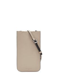 Beige Leder-Handytasche mit schwarzem Tragegurt, rechteckige Form, minimalistisches Design, ausgestattet mit einer silbernen Schnalle und einem geprägten Logo.