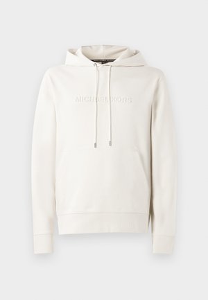 White hoodie featuring a front pocket, drawstrings, and embossed logo. Made from soft fabric with ribbed cuffs and hem. Minimalistic design.