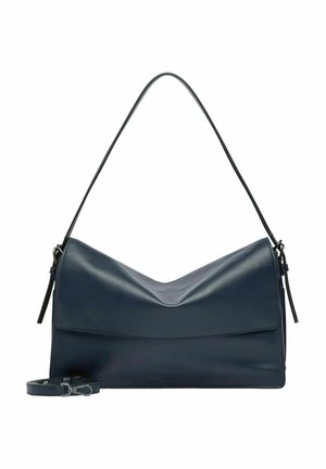 Sac à bandoulière en cuir bleu foncé avec une poignée supérieure incurvée et une sangle amovible supplémentaire placée à l'avant.