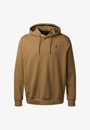 Brūns kapuce izgatavota no kokvilnas auduma maisījuma, ar regulējamu kapuci, ribotām malām un mazu logo uz krūtīm. Gluda tekstūra, ikdienas dizains.