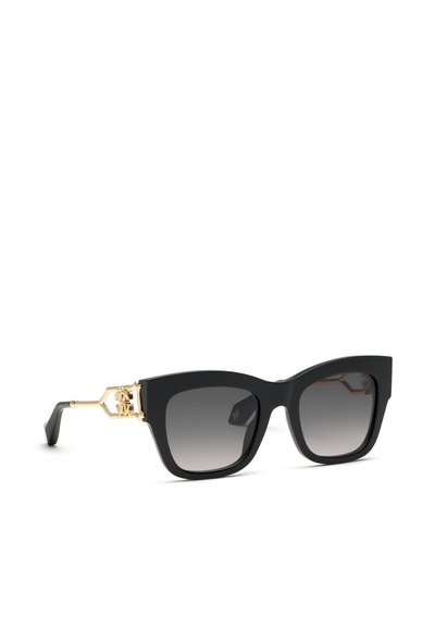 Lunettes de soleil à monture carrée noire avec verres dégradés et charnières décoratives dorées sur fond blanc.