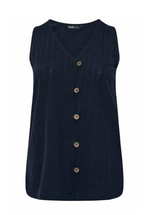 Donkerblauw mouwloos geribd gebreid vest met V-hals en vijf bruine knopen aan de voorkant.