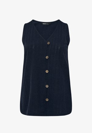 Gilet in maglia a costine senza maniche di colore blu navy, con scollo a V e cinque bottoni marroni sul davanti.