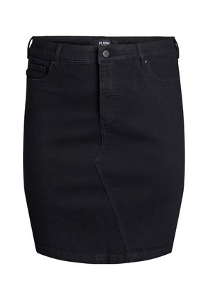 Black denim skirt featuring a fitted shape, mid-rise waist, front pocket, and a button closure with a slight angled seam detail.