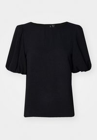 Top corto nero a maniche corte con scollatura tonda, caratterizzato da maniche a sbuffo e un tessuto texturizzato. Design semplice e moderno senza motivi.
