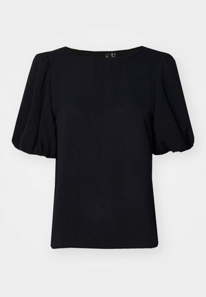 Top corto nero a maniche corte con scollatura tonda, caratterizzato da maniche a sbuffo e un tessuto texturizzato. Design semplice e moderno senza motivi.