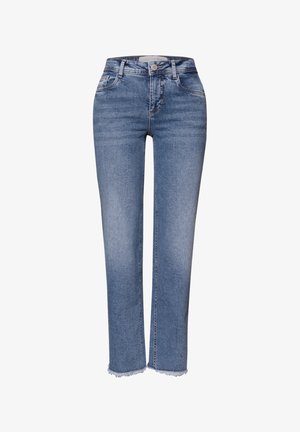 Jean bleu taille haute, coupe droite, avec fermeture par bouton et zip, poches avant, passants pour ceinture et ourlets effilochés.