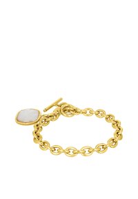 Pulsera de cadena de oro con eslabones redondos y un charm cuadrado texturizado con una piedra blanca. Cierre de toggle para un ajuste seguro.