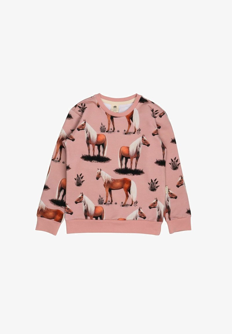 Rosa Sweatshirt mit einem Pferdemuster in verschiedenen Brauntönen, mit Rundhalsausschnitt und gerippten Bündchen. Hergestellt aus weichem Stoff.