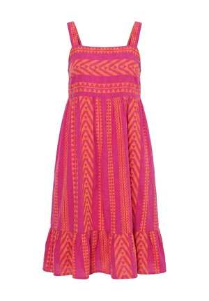 Ærmeløs knælængde kjole i pink og orange med mønster, firkantet halsudskæring og flæsekant.