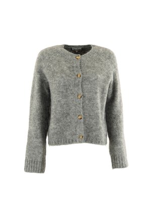 Cárdigan de lana gris con escote redondo, mangas largas y cinco botones de madera en el frente. Puños y dobladillo acanalados, textura suave.