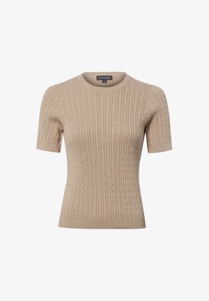 Beige gebreide trui met korte mouwen, geribbelde en kabelgebreide patronen, ronde hals en een aansluitend silhouet.