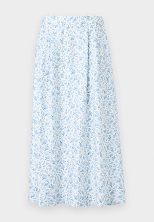 Virágmintás midi szoknya fehér és világoskék színben, gyűrött derékkal, bővülő siluettel, és finom kék virágmintázattal az egész felületen.