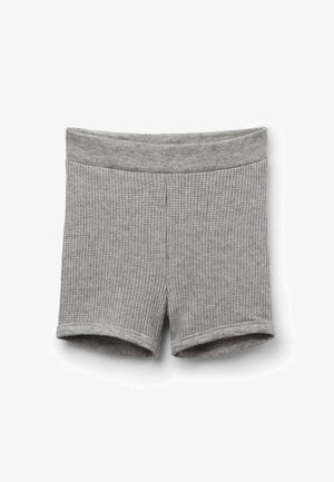 Szare szorty o dzianinowym splocie, z jednolitą talią, o teksturowanej powierzchni i podwiniętych brzegach, zaprojektowane z myślą o komforcie i swobodzie ruchów.