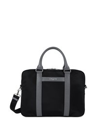 Borsa a tracolla nera in nylon con dettagli in pelle grigia, doppi manici e tracolla rimovibile. Caratterizzata da una chiusura con zip e logo frontale.