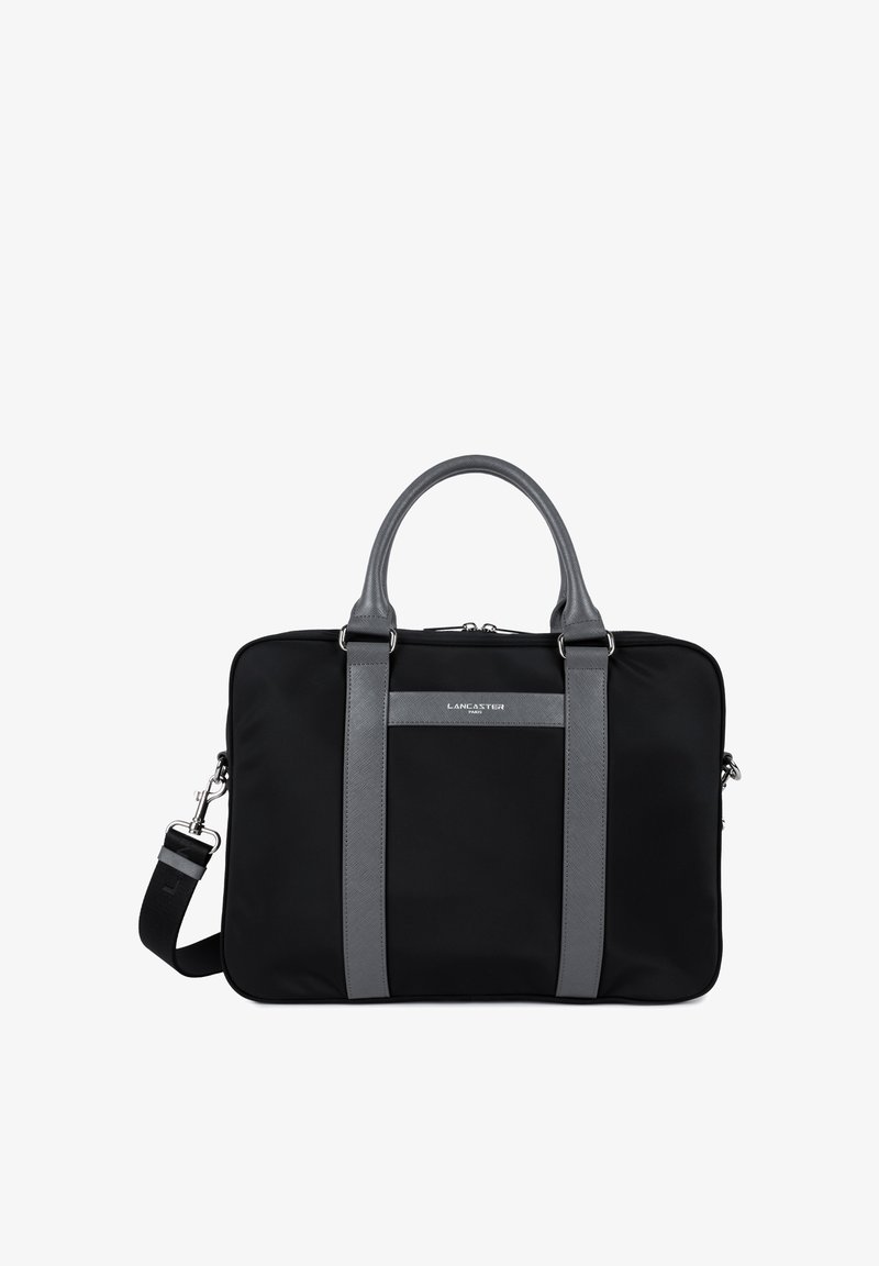 Borsa a tracolla nera in nylon con dettagli in pelle grigia, doppi manici e tracolla rimovibile. Caratterizzata da una chiusura con zip e logo frontale.