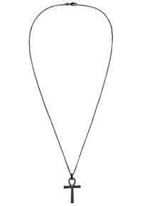 Mustmust kaelakee peene ahelaga, millel on ankh rist ripats südamega ülaosas. Sile tekstuur, minimalistlik disain.