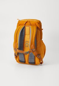 Orange backpack with gray mesh accents, sturdy straps, and a zippered top. Features "deuter AIRSTRIPES" logo on the back.