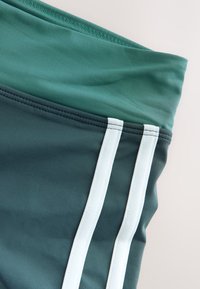 Rohelised ja tumerohelised sportlikud lühikesed püksid helesiniste kaheteistkümne triibuga külgedel ja voltidega pihaga.