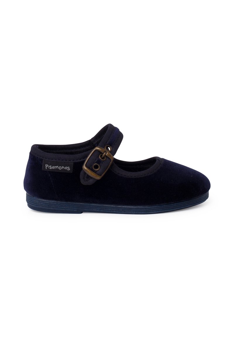 Zapato Mary Jane de color azul marino con correa de hebilla marrón y suela plana, etiquetado con "Pisamonas" en el lateral.