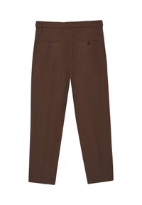 Braune Hosen mit geradem Bein, ausgestattet mit zwei Gesäßtaschen und dezenten Nähten. Der Stoff ist glatt mit einem matten Finish.