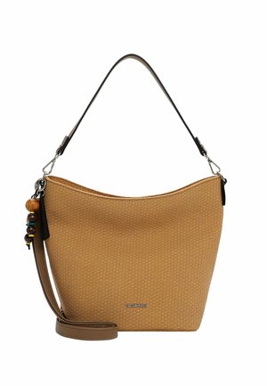 Tan värvi korvivälimusega kott lühikeste ja pikkade rihmadega, puidust helmestega ripats küljel ning väikese metallist brändi logoga ees.