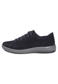Baskets en daim bleu marine foncé avec un bout rond, semelle en caoutchouc grise, six œillets et un col rembourré pour un confort accru.