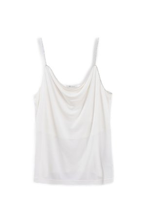 Haut sans manches blanc fabriqué en tissu doux et drapé. Il présente des bretelles réglables fines et une surface lisse, sans texture.