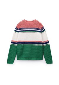 Pull tricoté avec des blocs de couleur rose, bleu marine, blanc et vert, avec des rayures horizontales et des motifs texturés sur les manches et le corps.