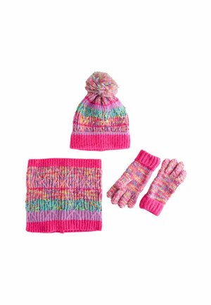 Set di accessori lavorati a maglia in un vivace rosa e motivi multicolori. Include un berretto con pom-pom, un scaldacollo e guanti.