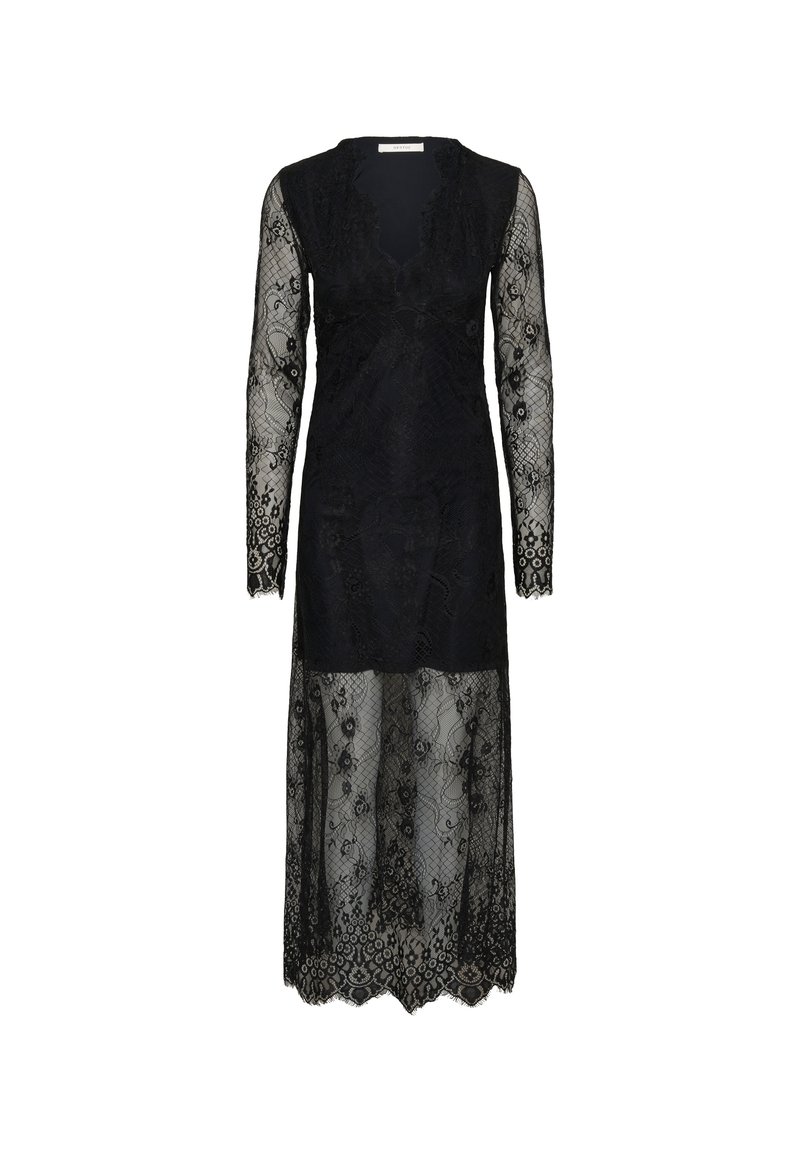 Robe en dentelle noire avec des manches longues et un décolleté en V. Présente des motifs floraux complexes et un ourlet festonné. Tissu transparent sur l'ensemble.