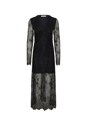 Črna čipkasta obleka z dolgimi rokavi in V-izrezom. Ima zapletene cvetlične vzorce in rob z valovitim zaključkom. Prosojen material po celotni obleki.