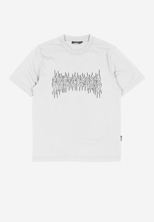 White short-sleeve crew neck t-shirt with black flame-style text design across the chest reading "HARDCORE."