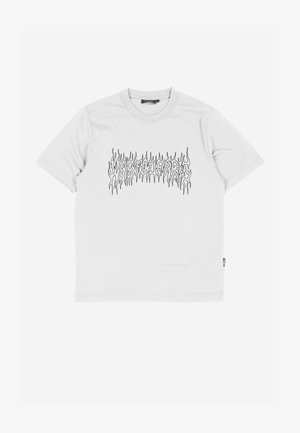 White short-sleeve crew neck t-shirt with black flame-style text design across the chest reading "HARDCORE."