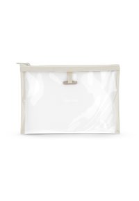 Bustina rettangolare trasparente con bordo beige e cerniera, realizzata in plastica trasparente, mostrata su sfondo bianco.