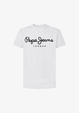 T-shirt bianca a maniche corte con scollo rotondo, con la scritta "Pepe Jeans" in grande carattere nero corsivo e "LONDON" in lettere maiuscole più piccole sotto.