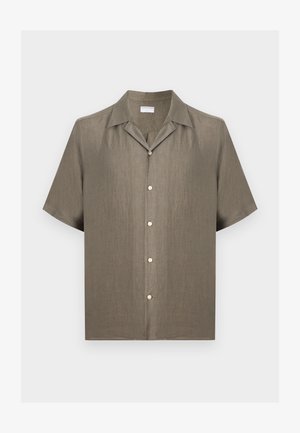 Kortemouwen blouse met knopen in beige linnen met campkraag, vijf knopen aan de voorkant en een ontspannen pasvorm.