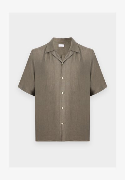 Πουκάμισο με κοντά μανίκια, κουμπιά μπροστά, σε μπεζ λινό ύφασμα με γιακά τύπου camp, πέντε κουμπιά στο μπροστινό μέρος και άνετη εφαρμογή.