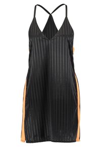 Vestido negro sin mangas con rayas verticales, escote en V, tirantes finos cruzados y paneles laterales naranjas.