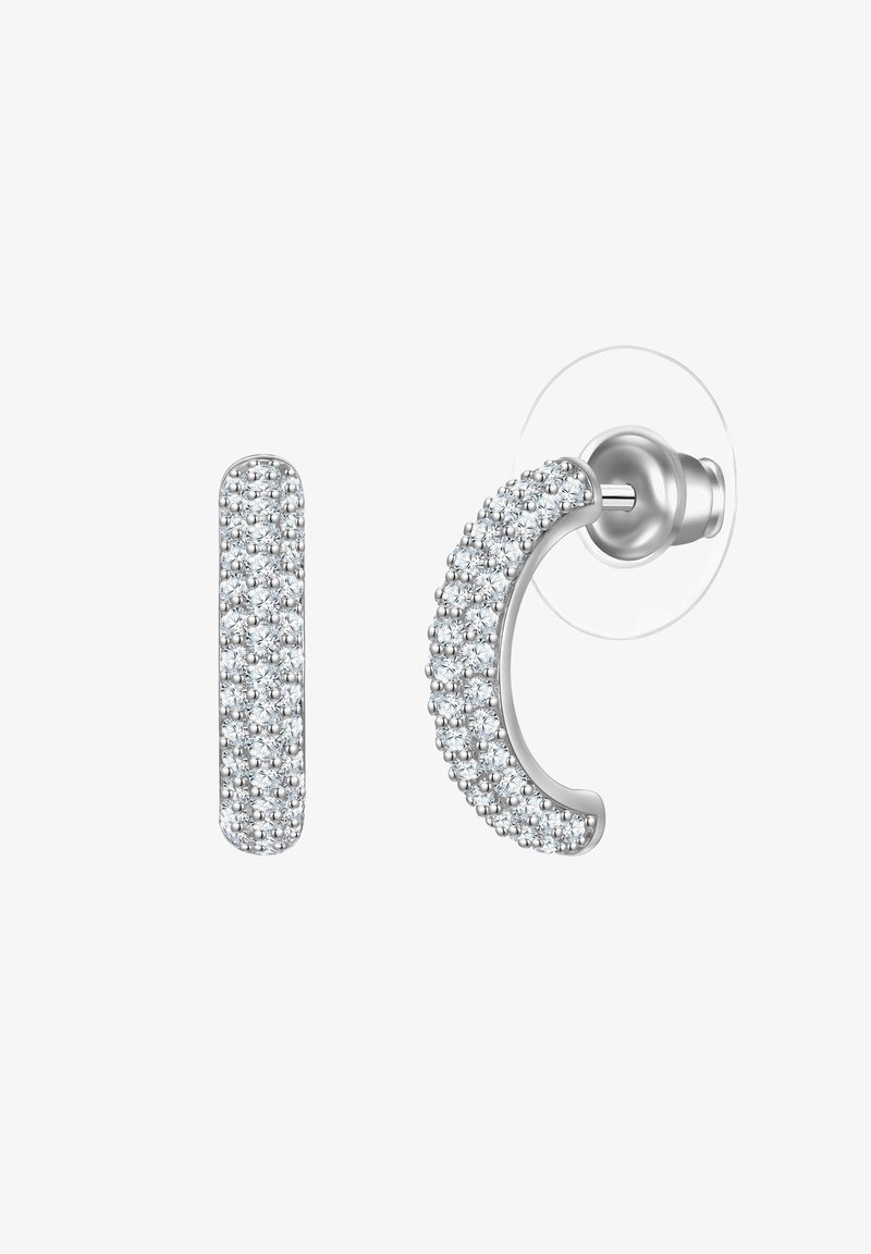 Sudraba auskari ar izliekumu designu un taisnu stieni, rotāti ar maziem caurspīdīgiem dārgakmeņiem, radot mirdzošu efektu.