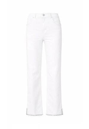 White straight-leg jeans with front pockets, button and zipper closure, and rhinestone embellishments along the bottom hems.